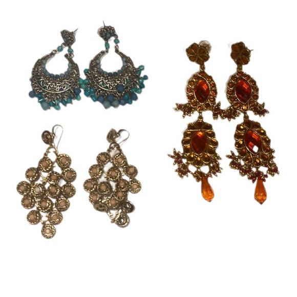 None Jewelry - Lot of 3 Statement Trendy Bohemian Gold Silver Filigree Chandelier Earrings OS